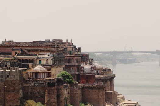 Majestic view of Varanasi's historic architecture along the Ganges River, showcasing Indian heritage.