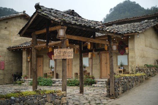 Rustic Vietnamese homestay with traditional architecture in Ha Giang, Vietnam.