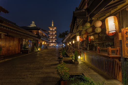 Dusk scene of a serene historical street in Kyoto featuring traditional wooden architecture and lanterns.