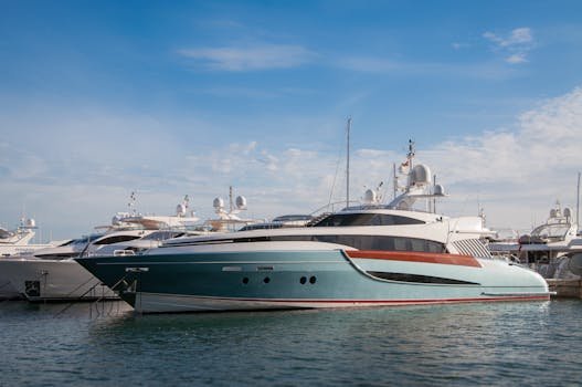 A collection of sleek yachts docked at a serene marina with a bright blue sky above.