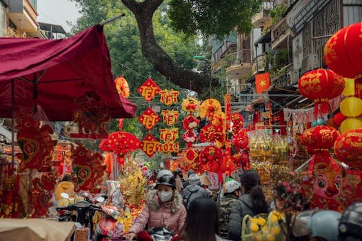 Bustling Tết festival market with lanterns and decorations in a vibrant Vietnamese street.